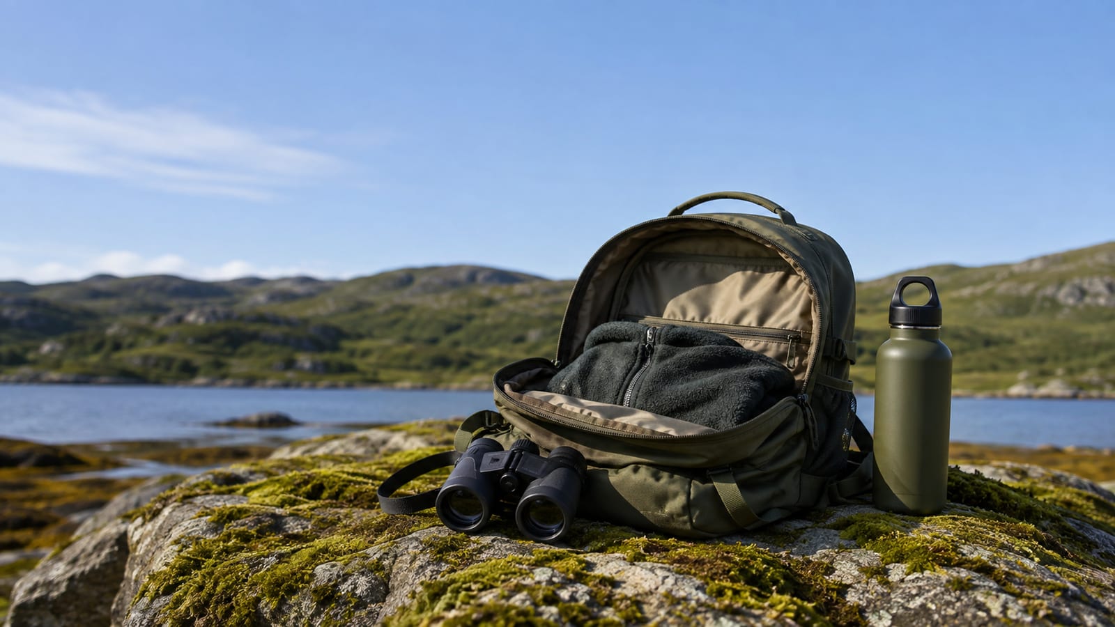 Daypack with binoculars and layers staged for dawn wildlife walk