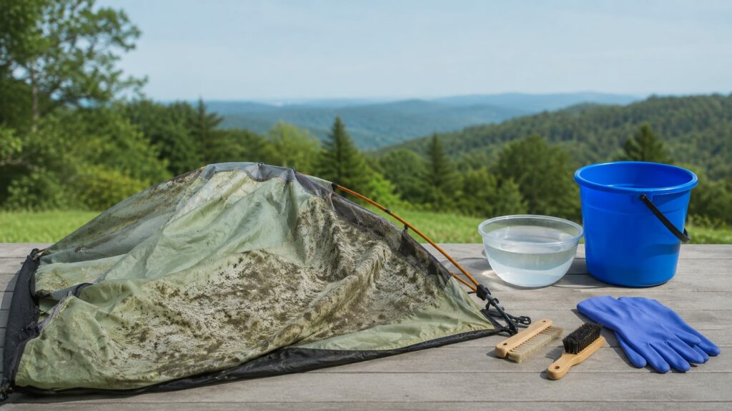 Moldy backpacking tent spread outdoors beside unmarked cleaning brushes, gloves, and rinse containers