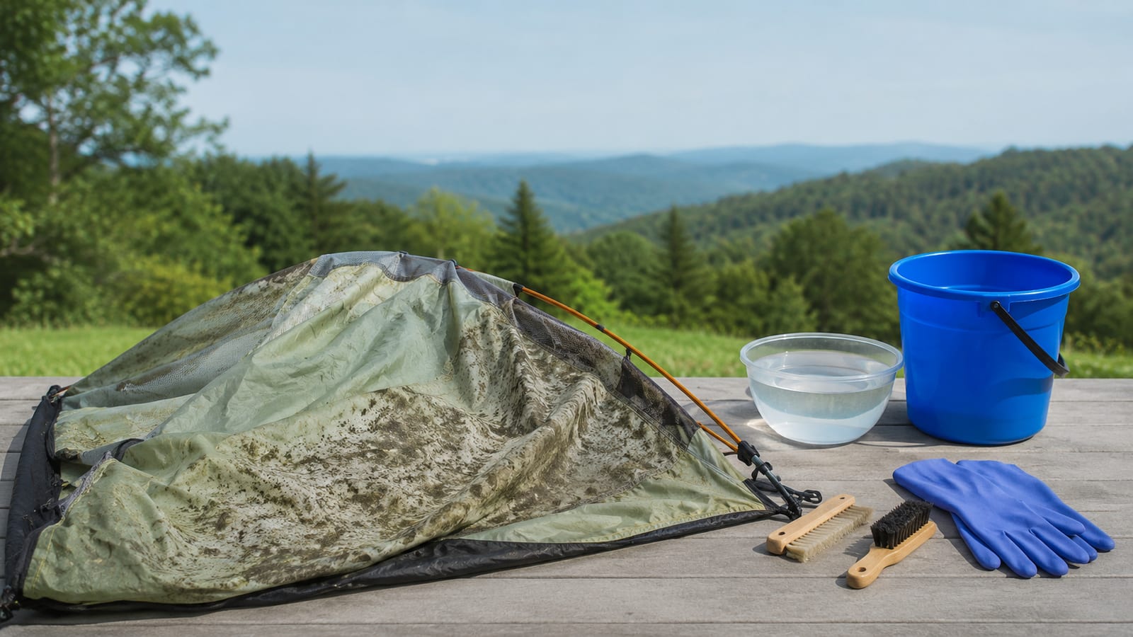 Moldy backpacking tent spread outdoors beside unmarked cleaning brushes, gloves, and rinse containers