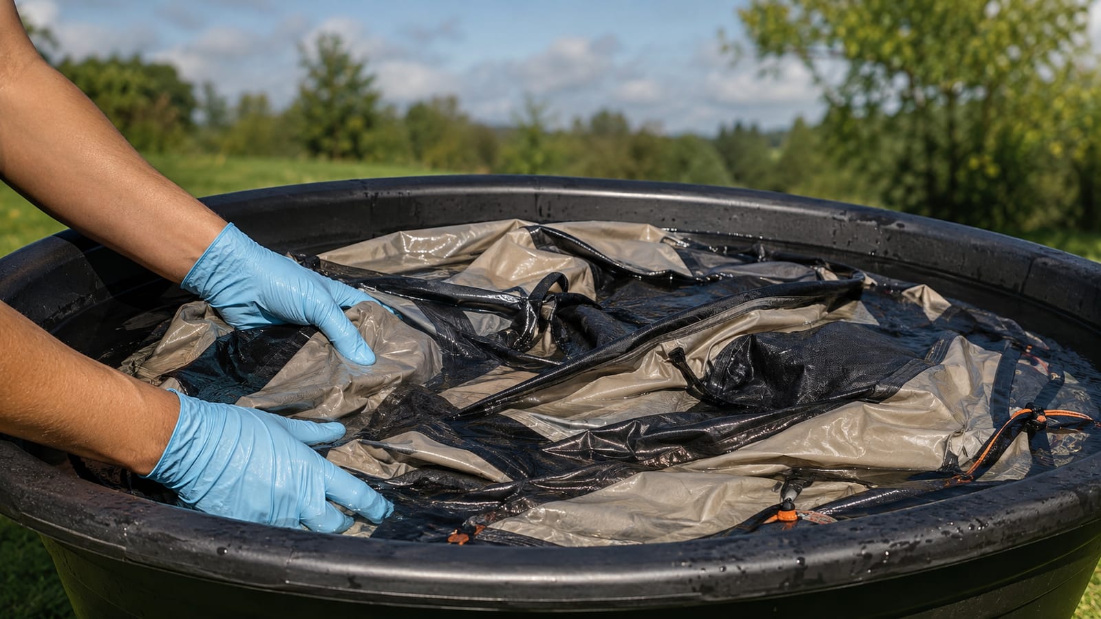 Open tent body soaking in a large plain tub during careful mold cleanup