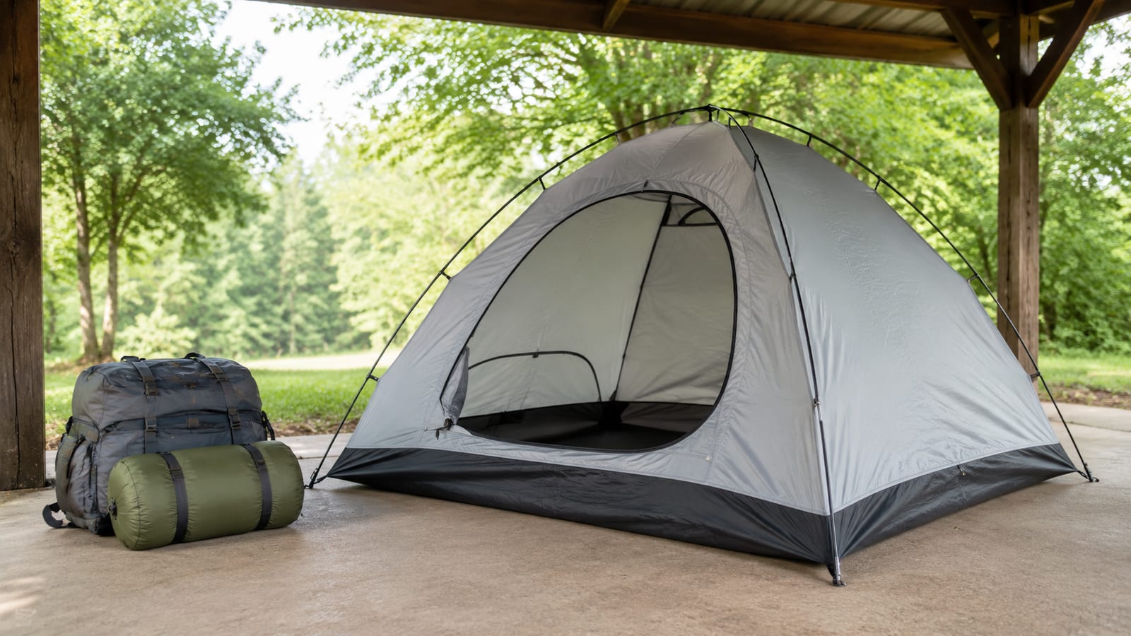 Clean tent fully drying under shade beside ventilated storage gear after mold removal
