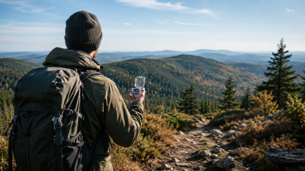 Hiker using a baseplate compass on a generic wooded trail, viewed from behind