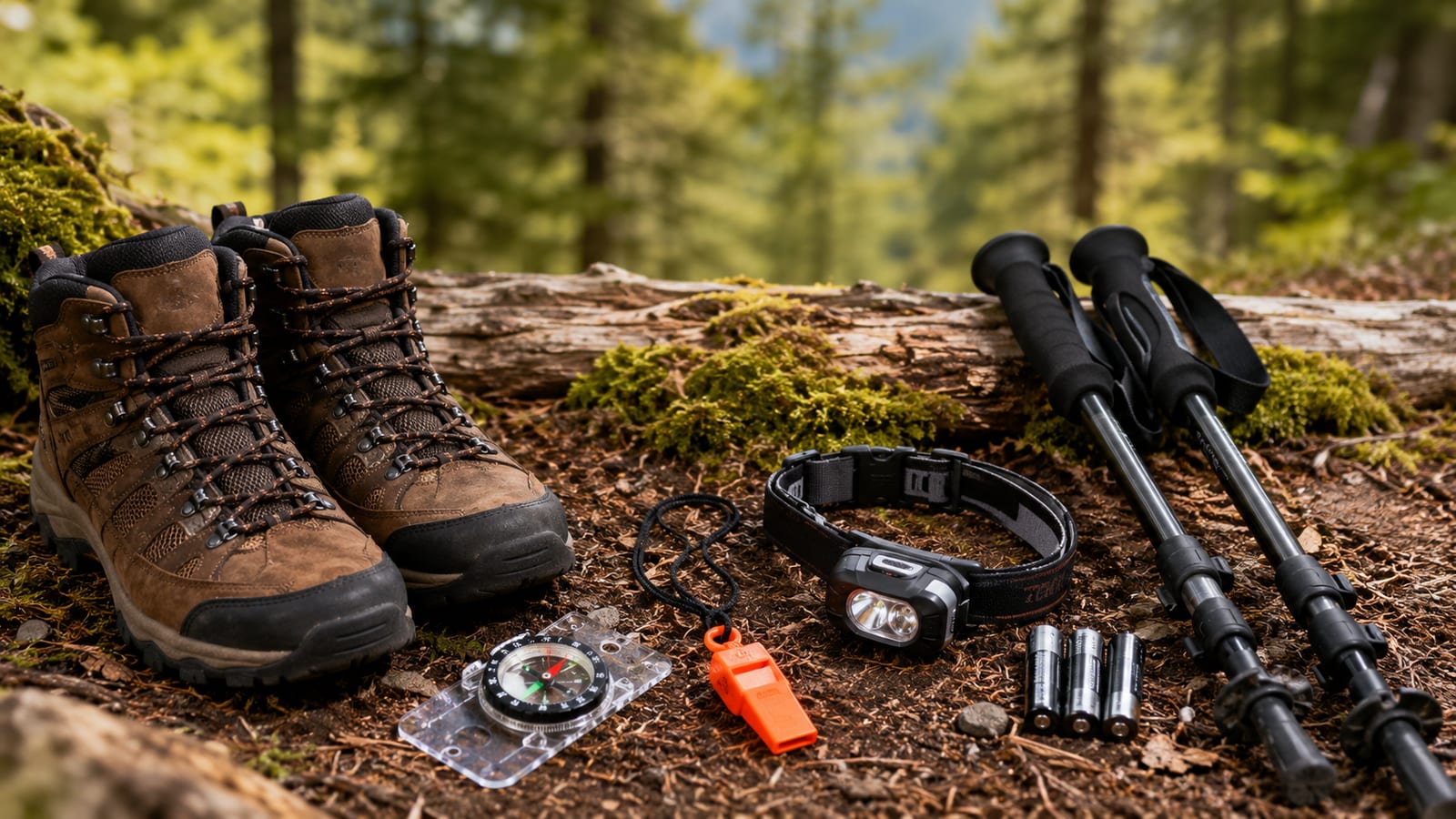 Essential hiking navigation gear arranged beside trail boots and trekking poles