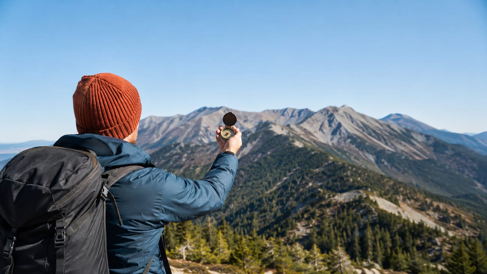 Hiker aligning a compass toward a distant generic ridgeline beneath an open sky