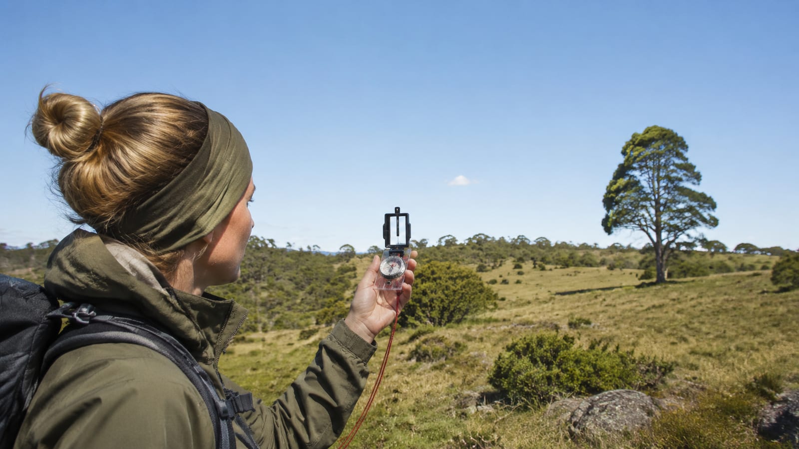 Hiker sighting along a compass toward a prominent tree across open woodland