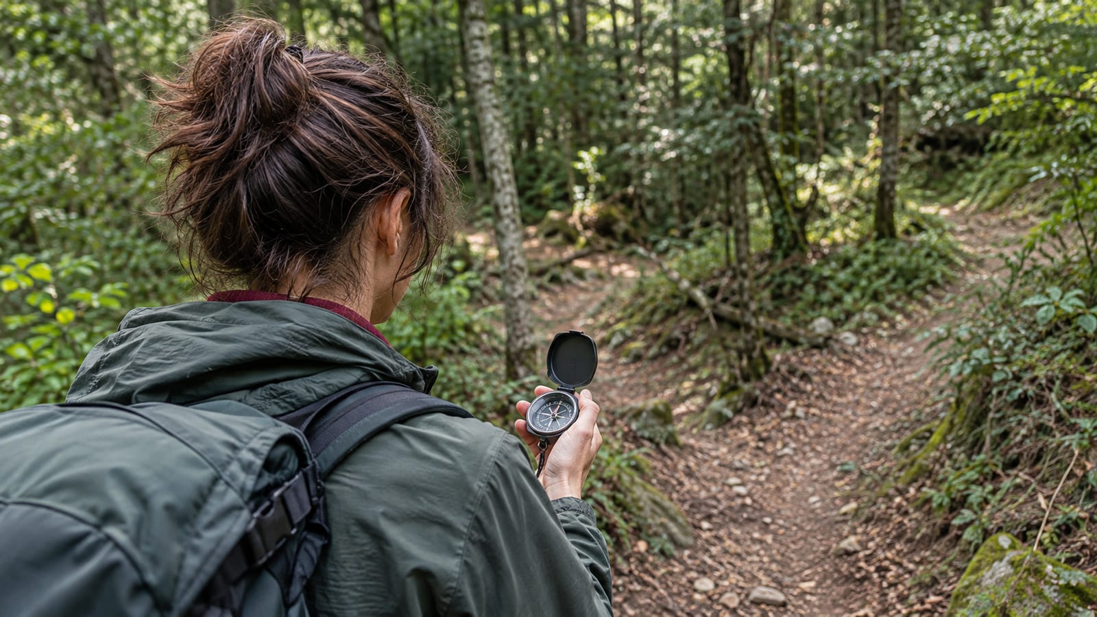 Confused hiker retracing steps through dense forest while checking a compass