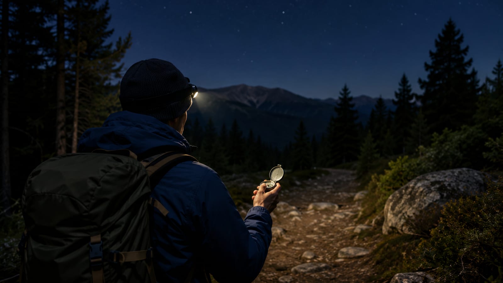 Nighttime hiker using a compass beneath headlamp glow on a quiet forest trail
