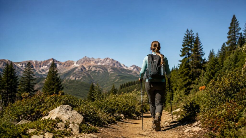 Hiker carefully walking a narrow forest trail while carrying reusable outdoor gear