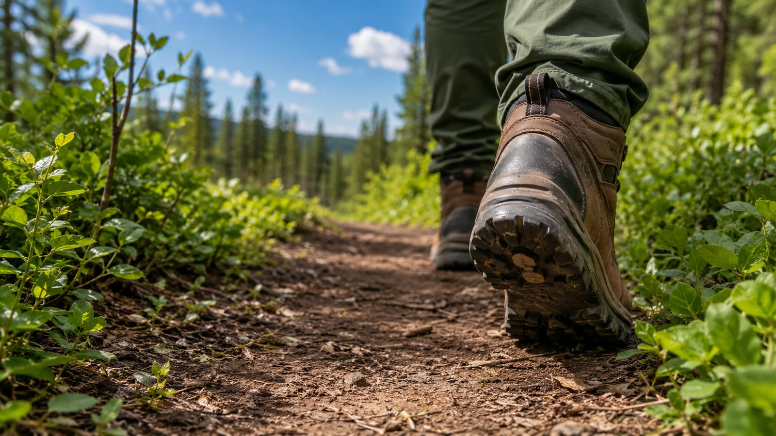 Hiker staying centered on a durable trail while avoiding surrounding vegetation