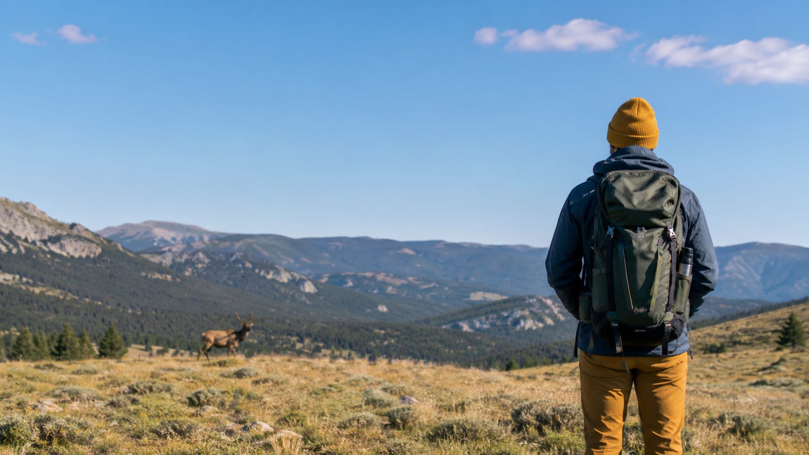 Hiker observing a distant wild animal quietly from the edge of a trail