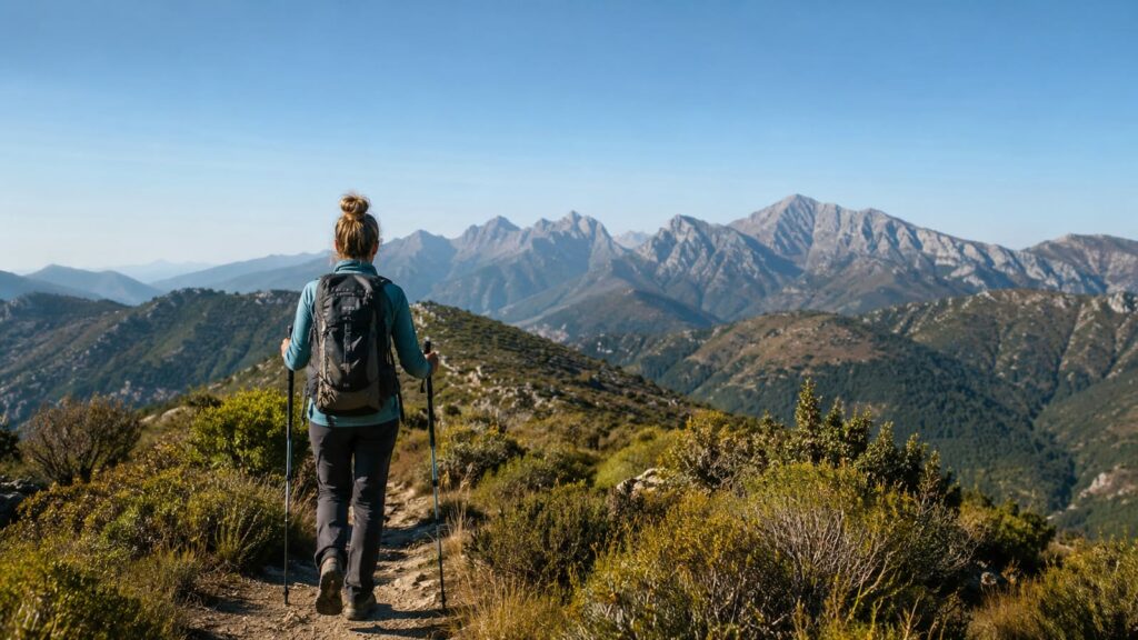 Hiker training on a wooded trail with trekking poles and a moderately loaded backpack