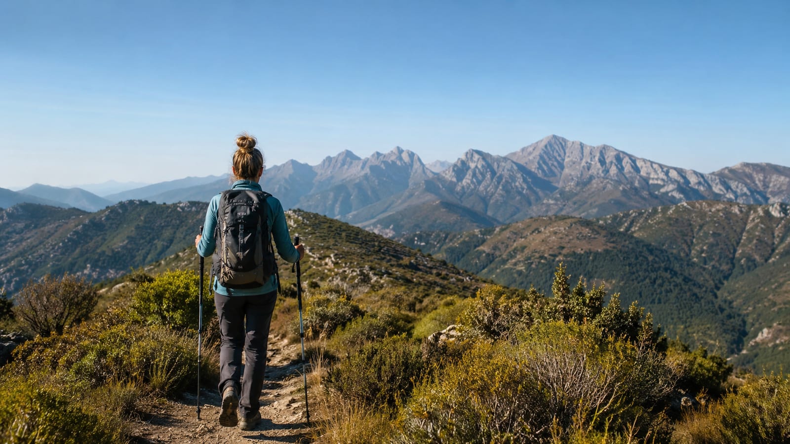 Hiker training on a wooded trail with trekking poles and a moderately loaded backpack