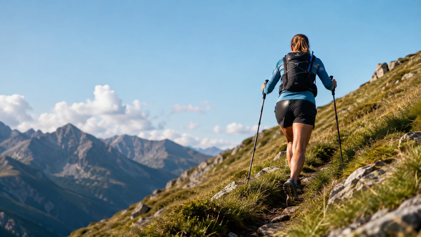 Hiker climbing a grassy hillside with trekking poles and a training backpack