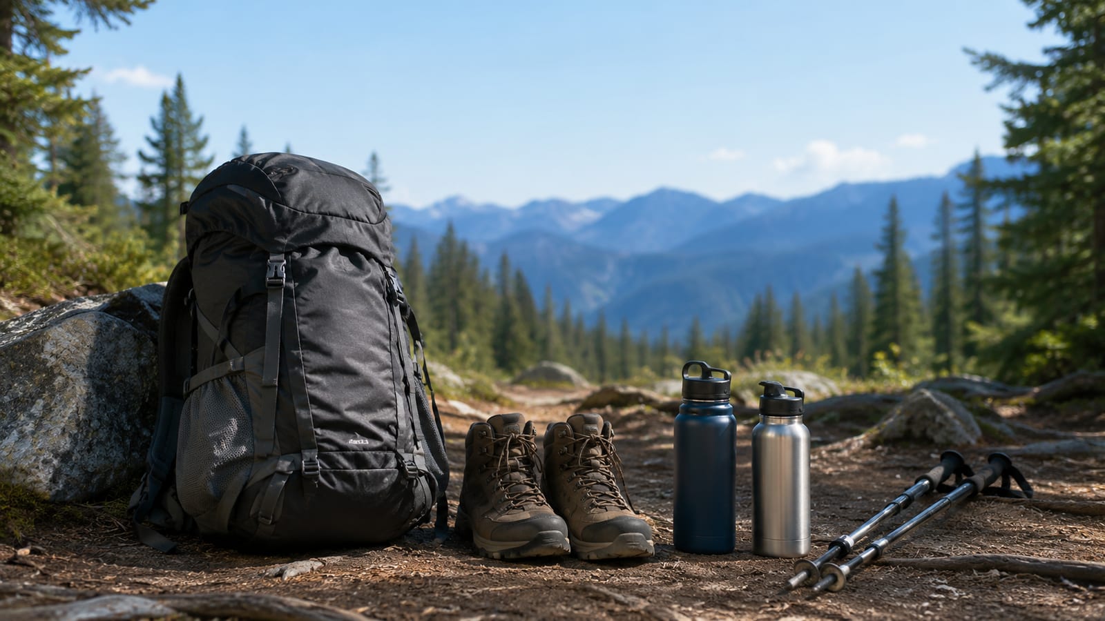 Loaded hiking backpack, trekking poles, boots, and water bottles arranged beside trail terrain