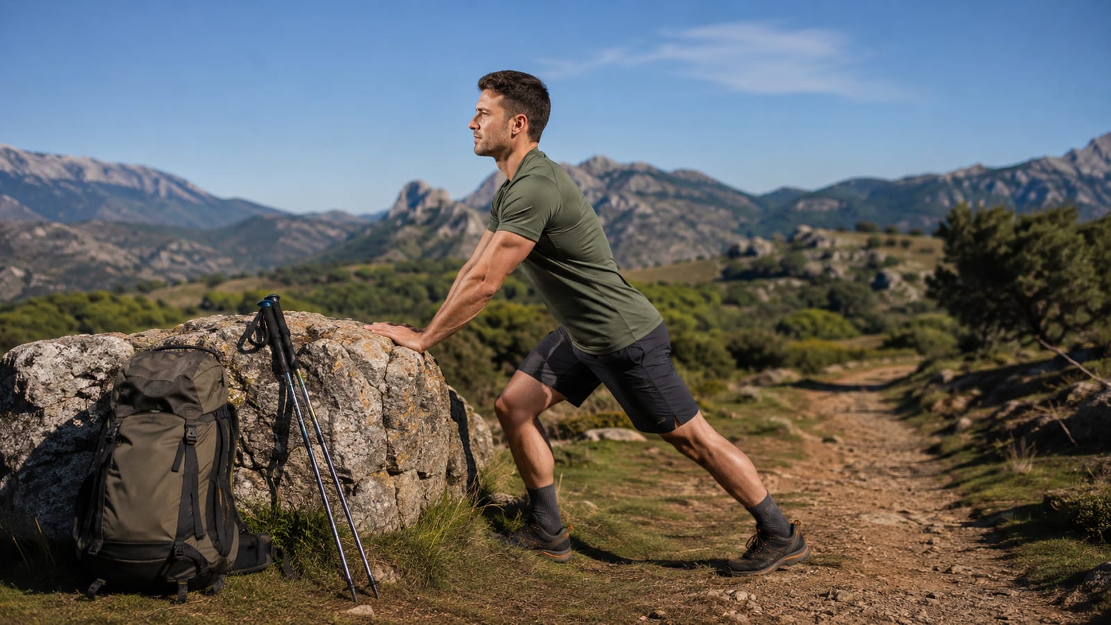 Tired hiker stretching legs beside a trail after carrying a loaded backpack
