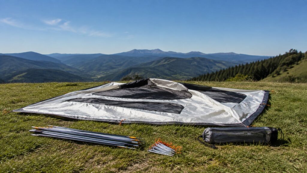 Clean backpacking tent drying outdoors beside poles, stakes, and a breathable storage bag