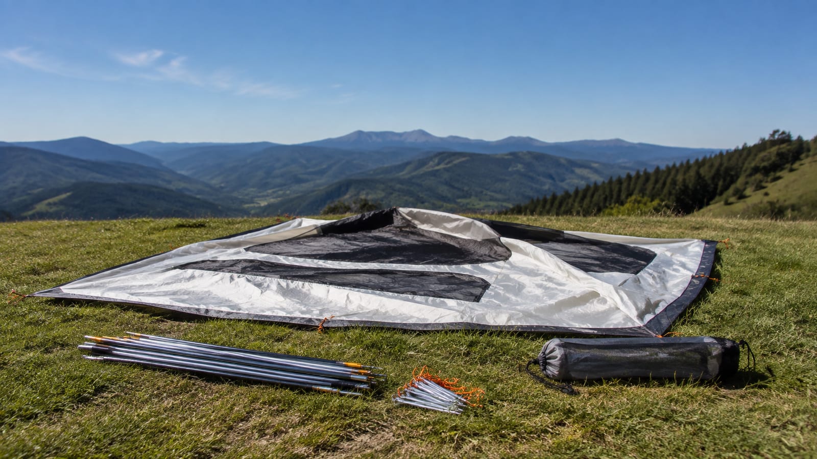 Clean backpacking tent drying outdoors beside poles, stakes, and a breathable storage bag