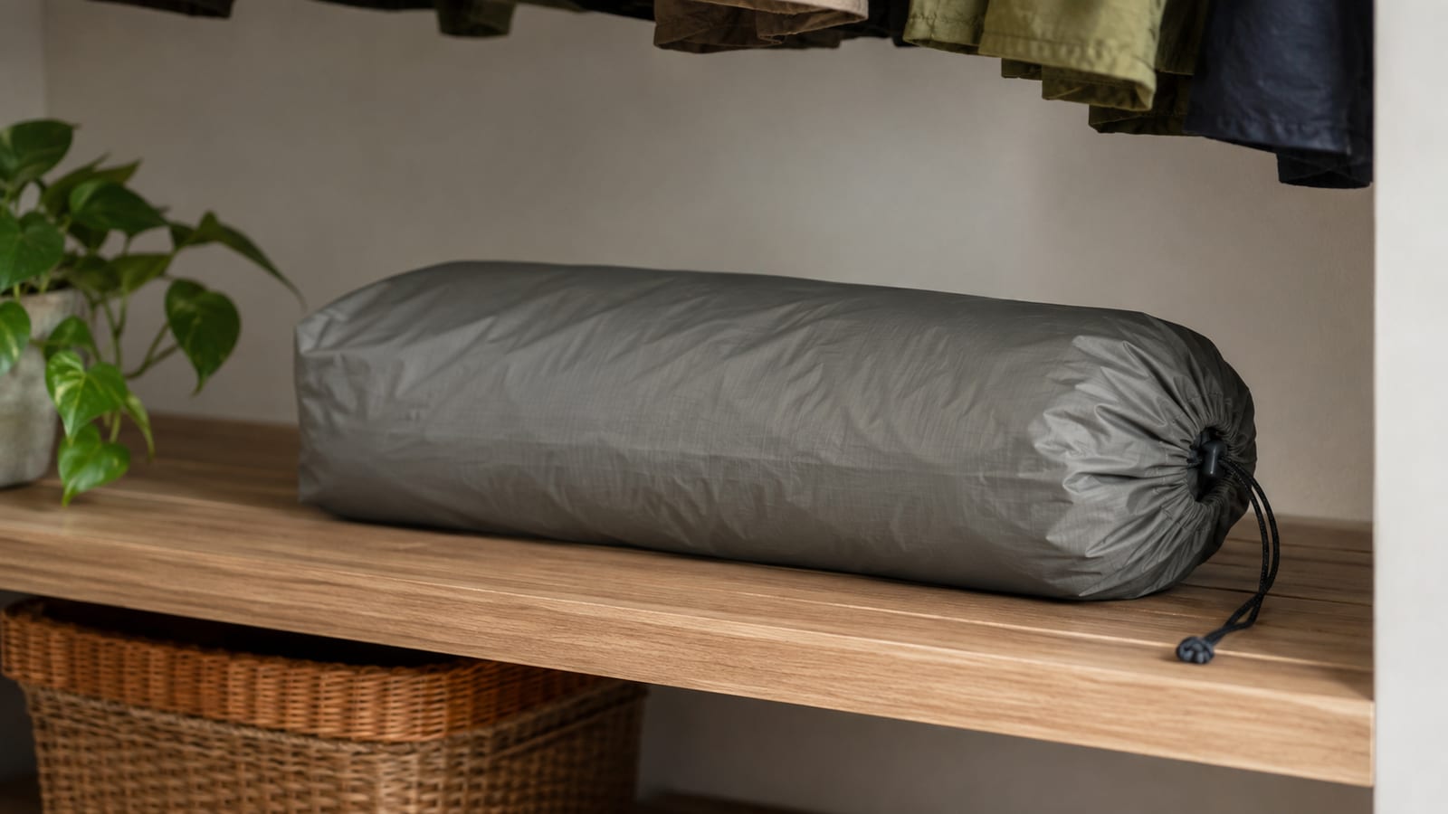 Lightweight tent stored loosely in a cool shaded closet away from heat and sunlight