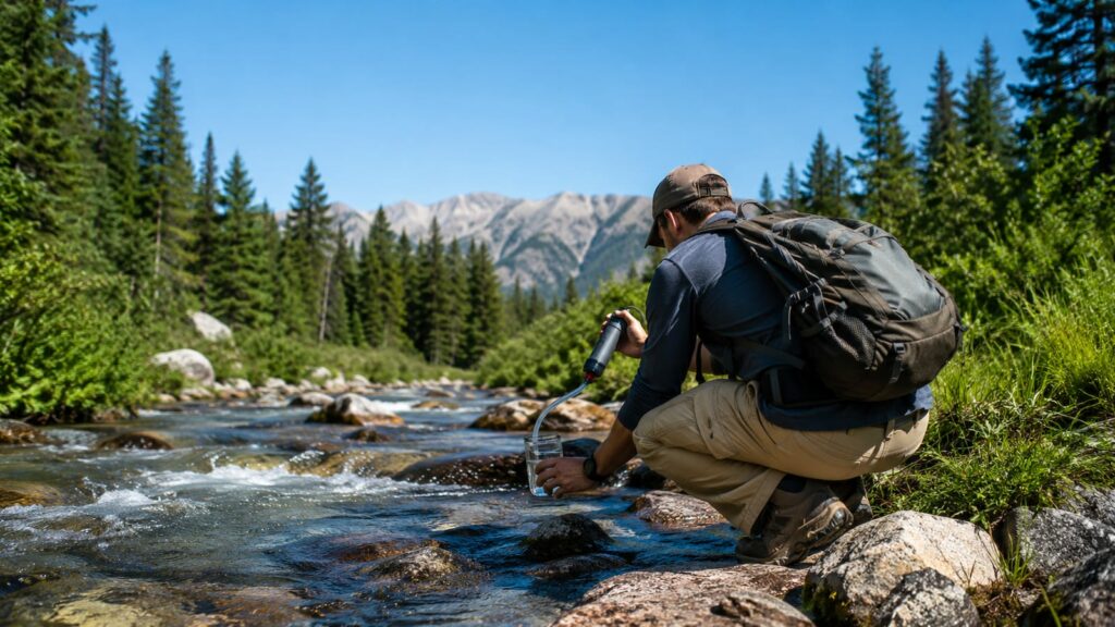 Hiker kneeling beside a clear forest stream, squeezing water through a compact trail filter