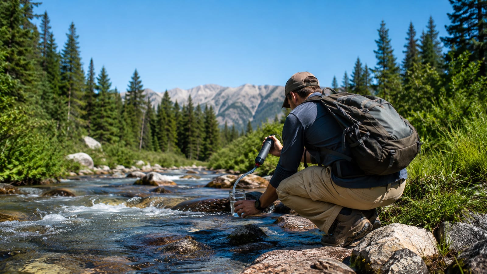 Hiker kneeling beside a clear forest stream, squeezing water through a compact trail filter