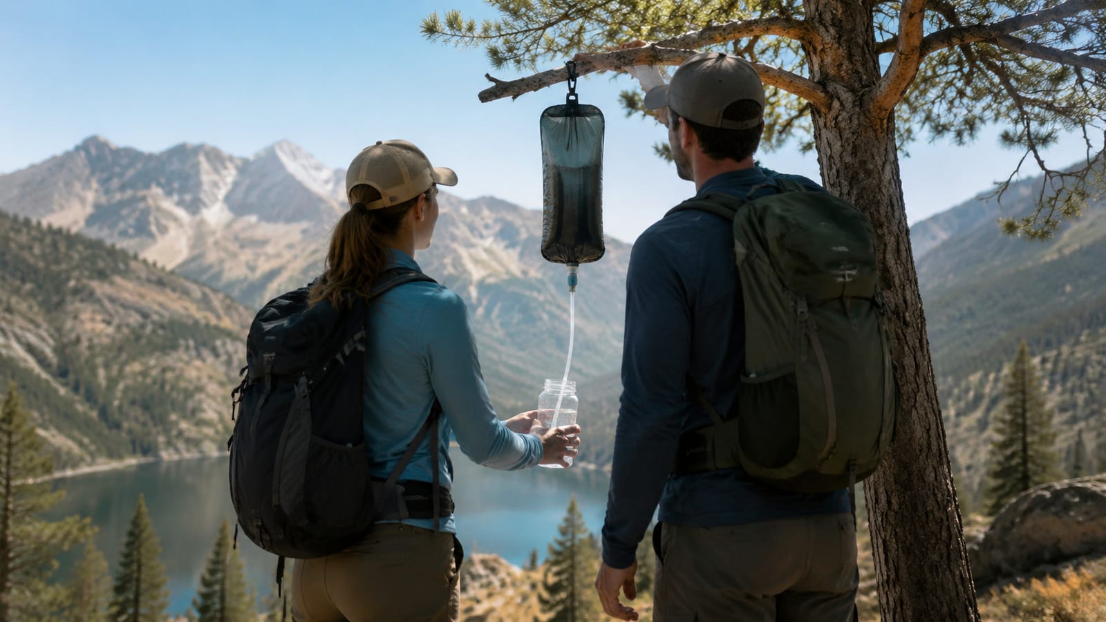 Two hikers use a suspended gravity filter beside a shaded backcountry stream