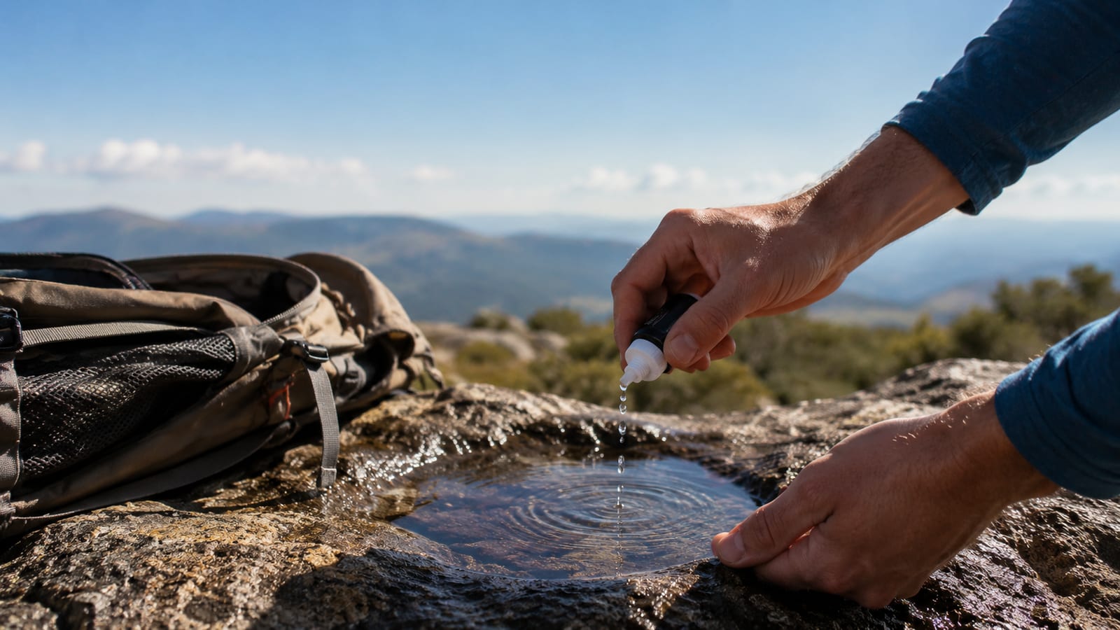 Hands add water treatment drops to a clear bottle beside a trail pack