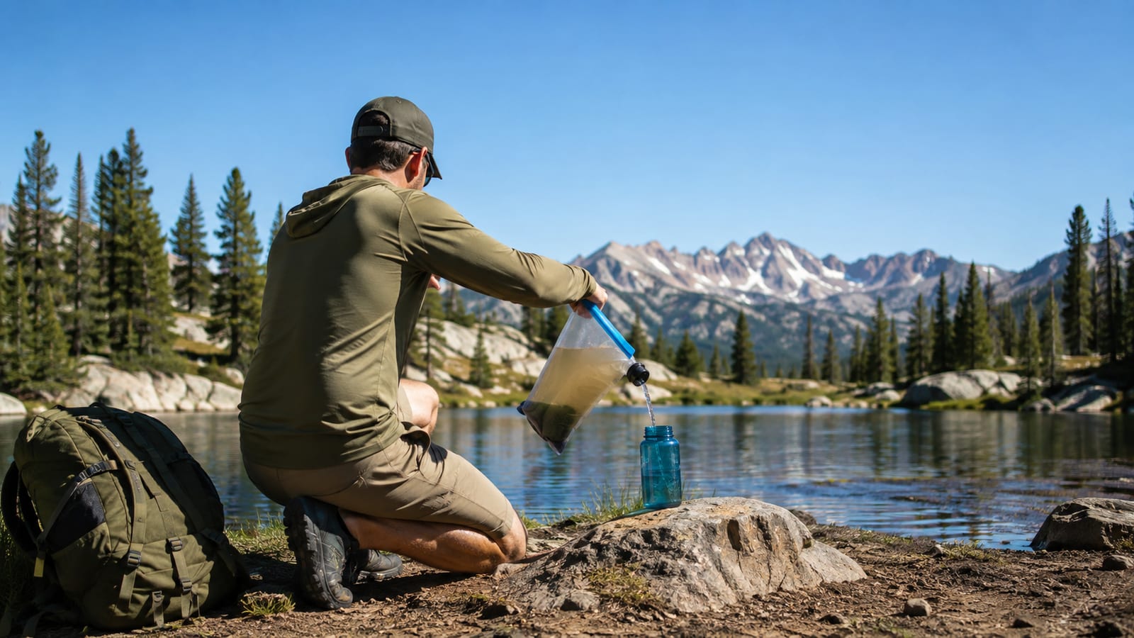 Hiker pours filtered water into a clean bottle while separating untreated collection gear