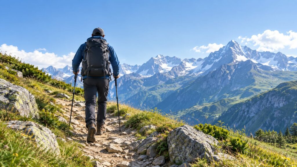 Lone hiker with backpack crossing a quiet European mountain trail beneath rugged peaks