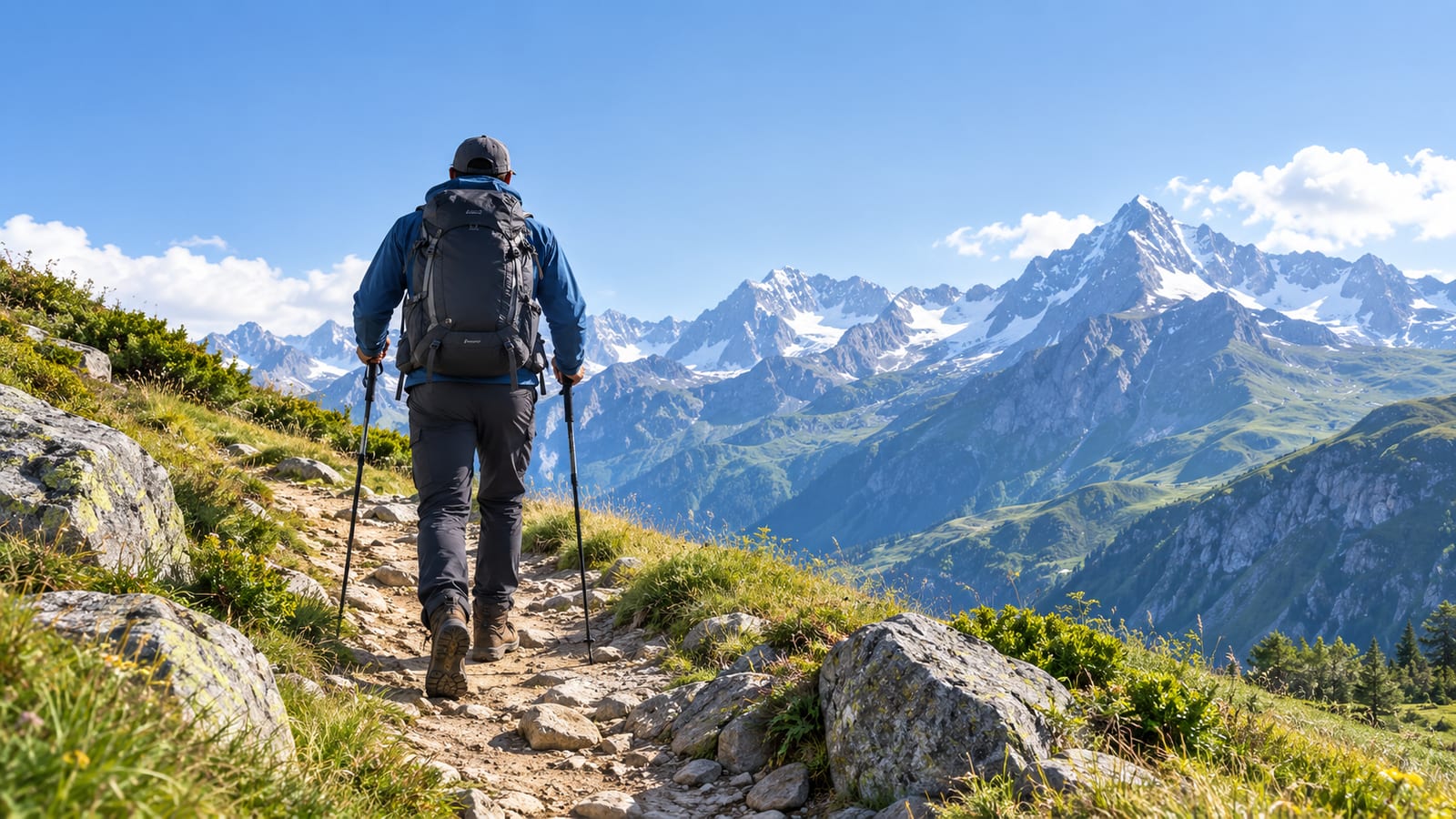 Lone hiker with backpack crossing a quiet European mountain trail beneath rugged peaks