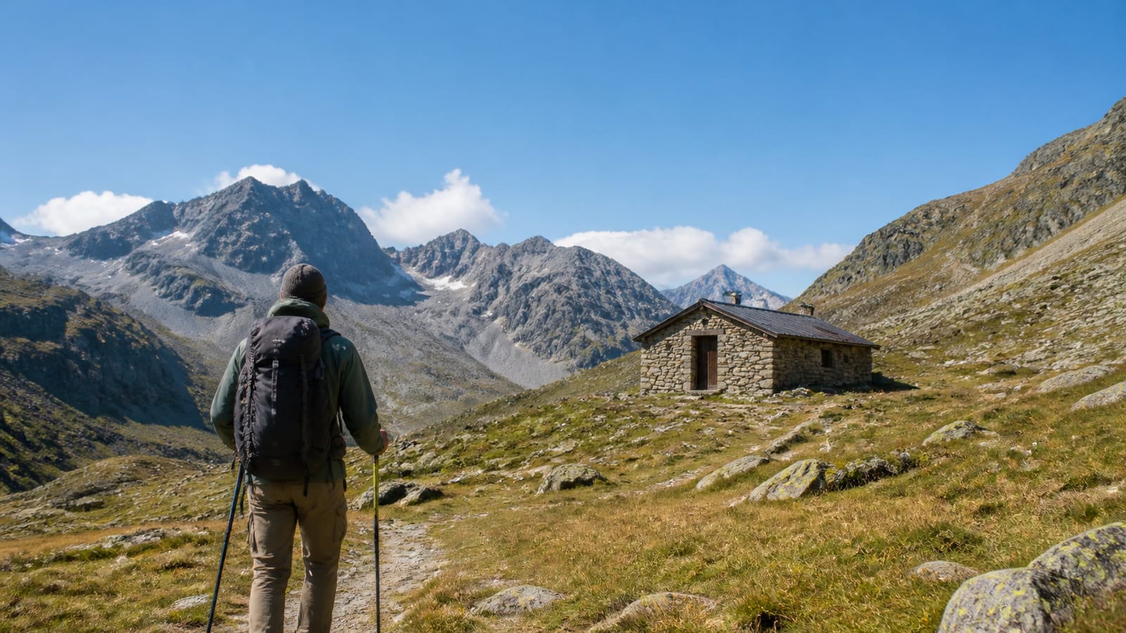 Hiker approaching a remote stone mountain hut with trekking poles and overnight backpack
