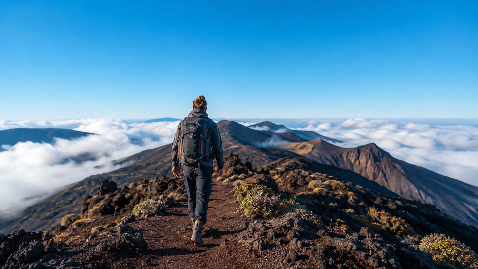 Hiker traversing dark volcanic ridgeline with sturdy boots and lightweight trekking backpack