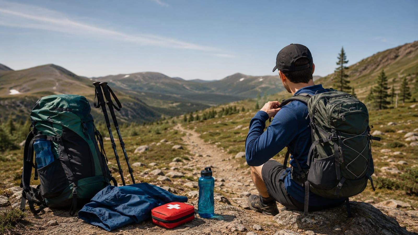 Hiker checking backpack straps and outdoor equipment beside a remote mountain trail