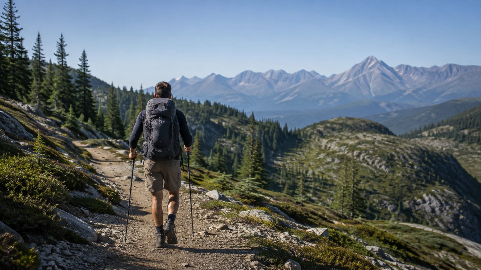 Hiker with trekking poles walking efficiently along a quiet forest trail, viewed from behind