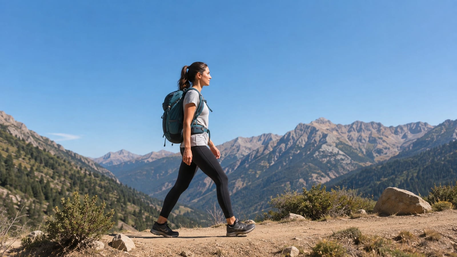 Side-profile hiker demonstrates upright posture, short stride, and deliberate foot placement on smooth trail