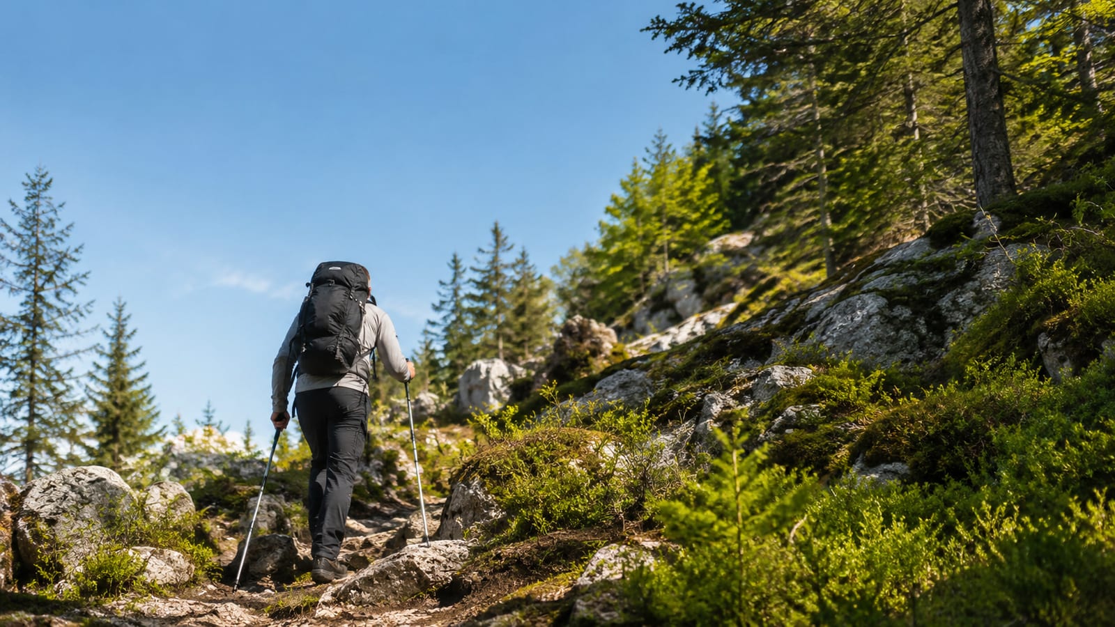 Hiker climbs a generic rocky slope with shortened steps and trekking poles for balanced effort
