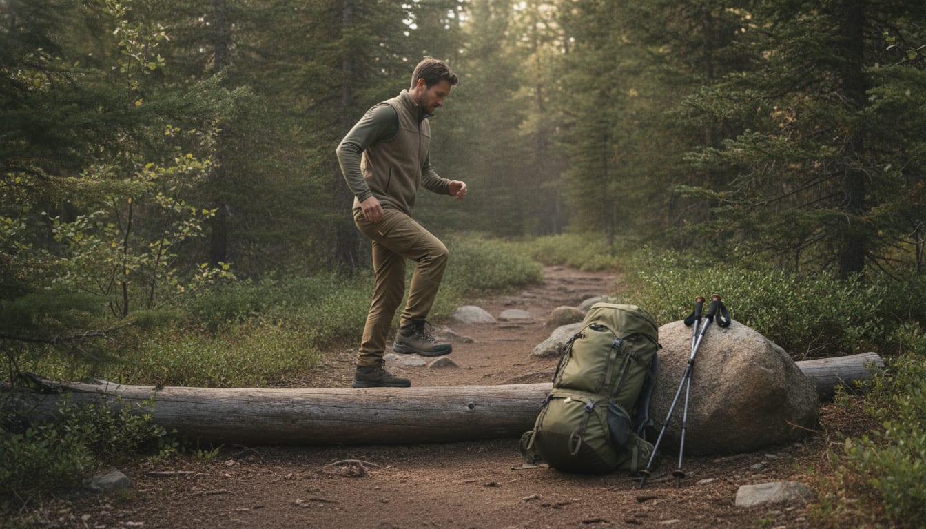 Hiker performs controlled step-ups beside a trail with backpack and trekking poles nearby