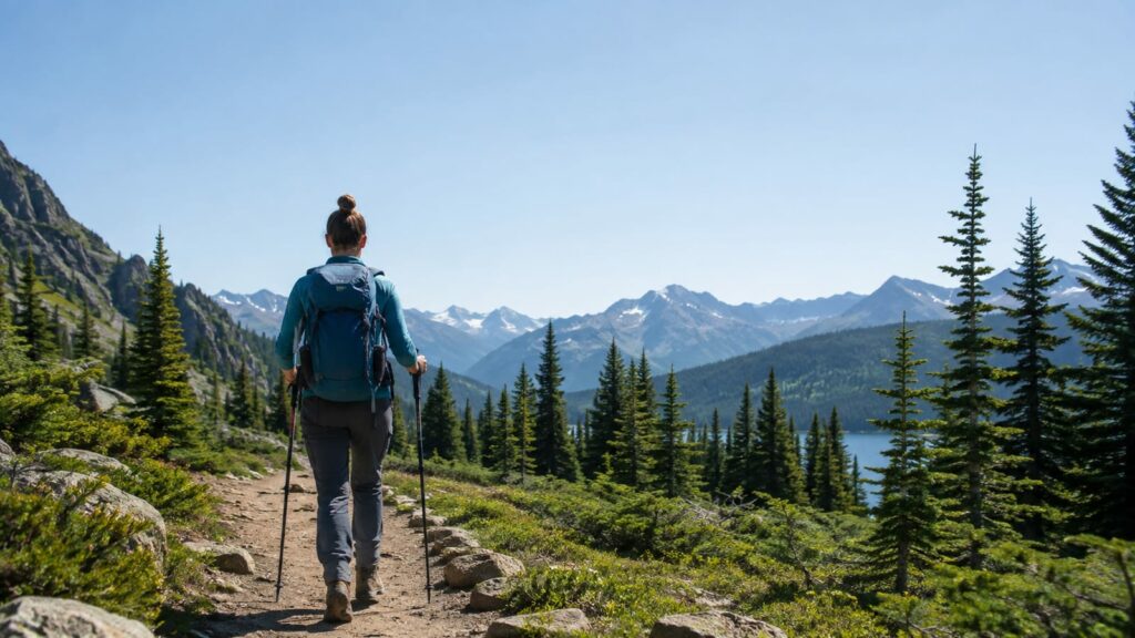 Beginner hiker wearing a daypack and sturdy boots on a forest trail