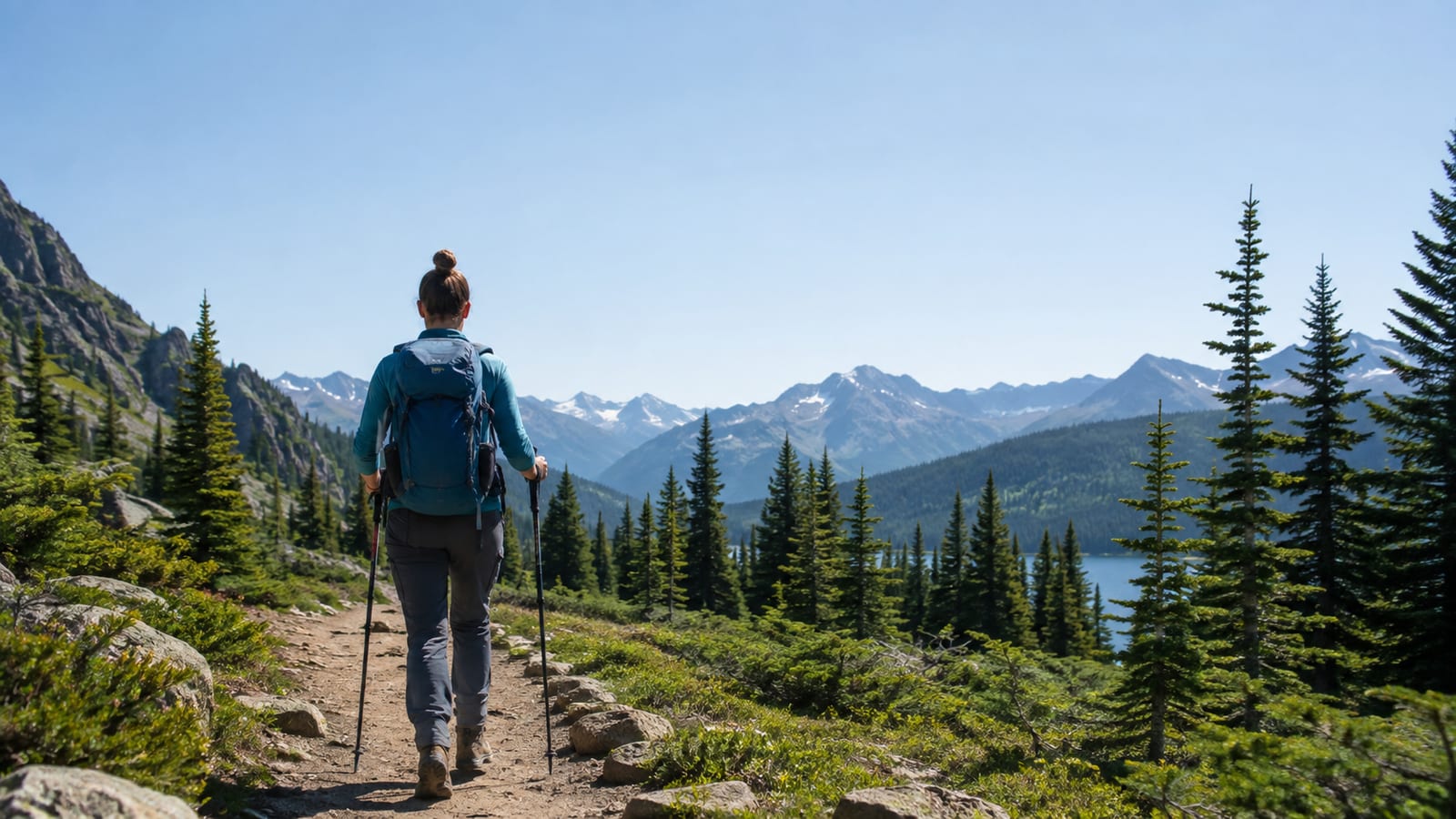 Beginner hiker wearing a daypack and sturdy boots on a forest trail