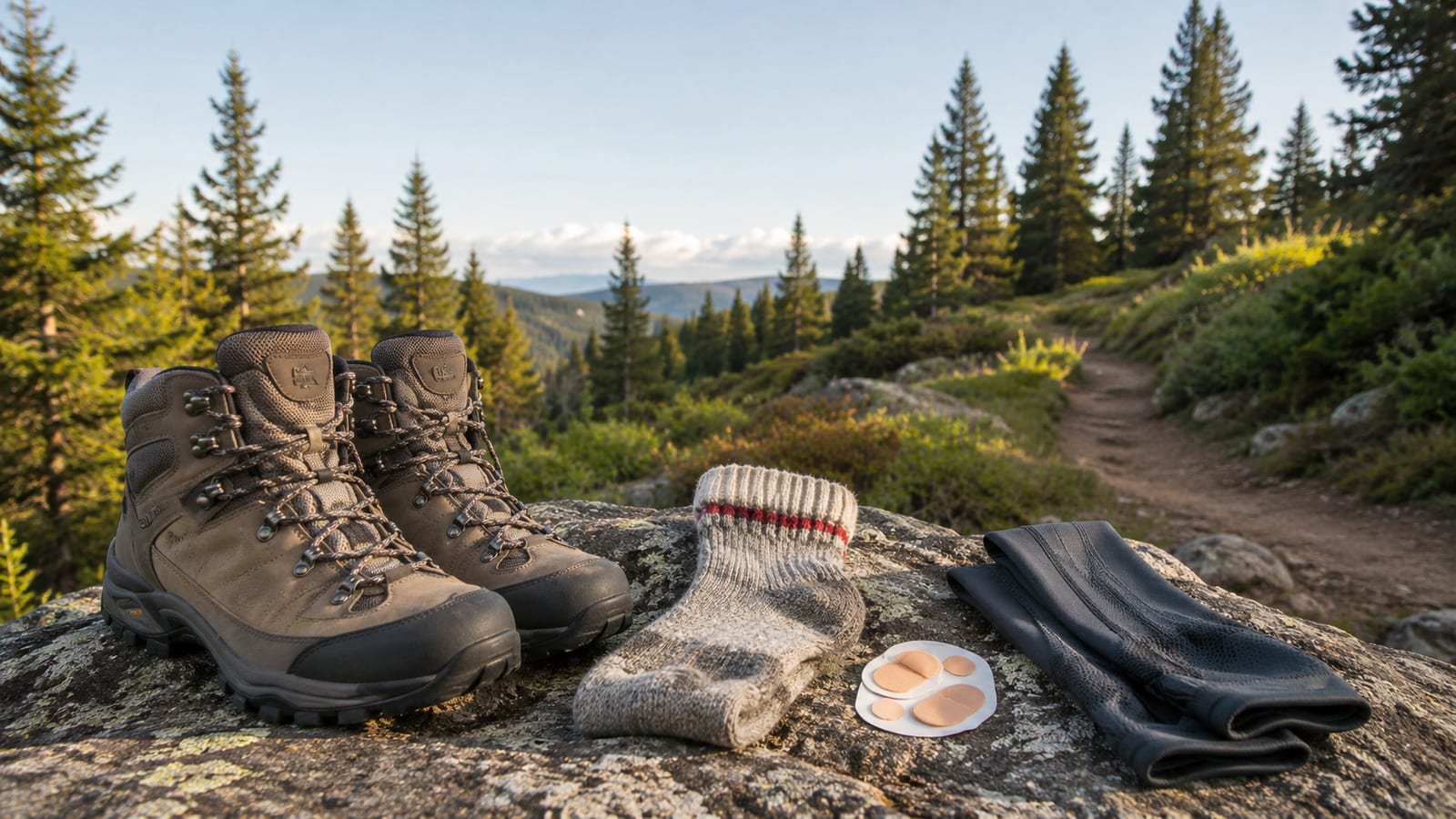 Hiking boots, wool socks, and blister prevention supplies arranged beside a trail