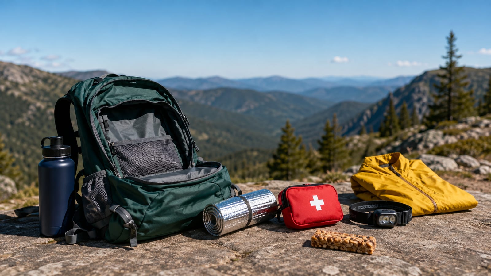 Lightweight daypack beside compact emergency gear, water, insulation, and first aid supplies
