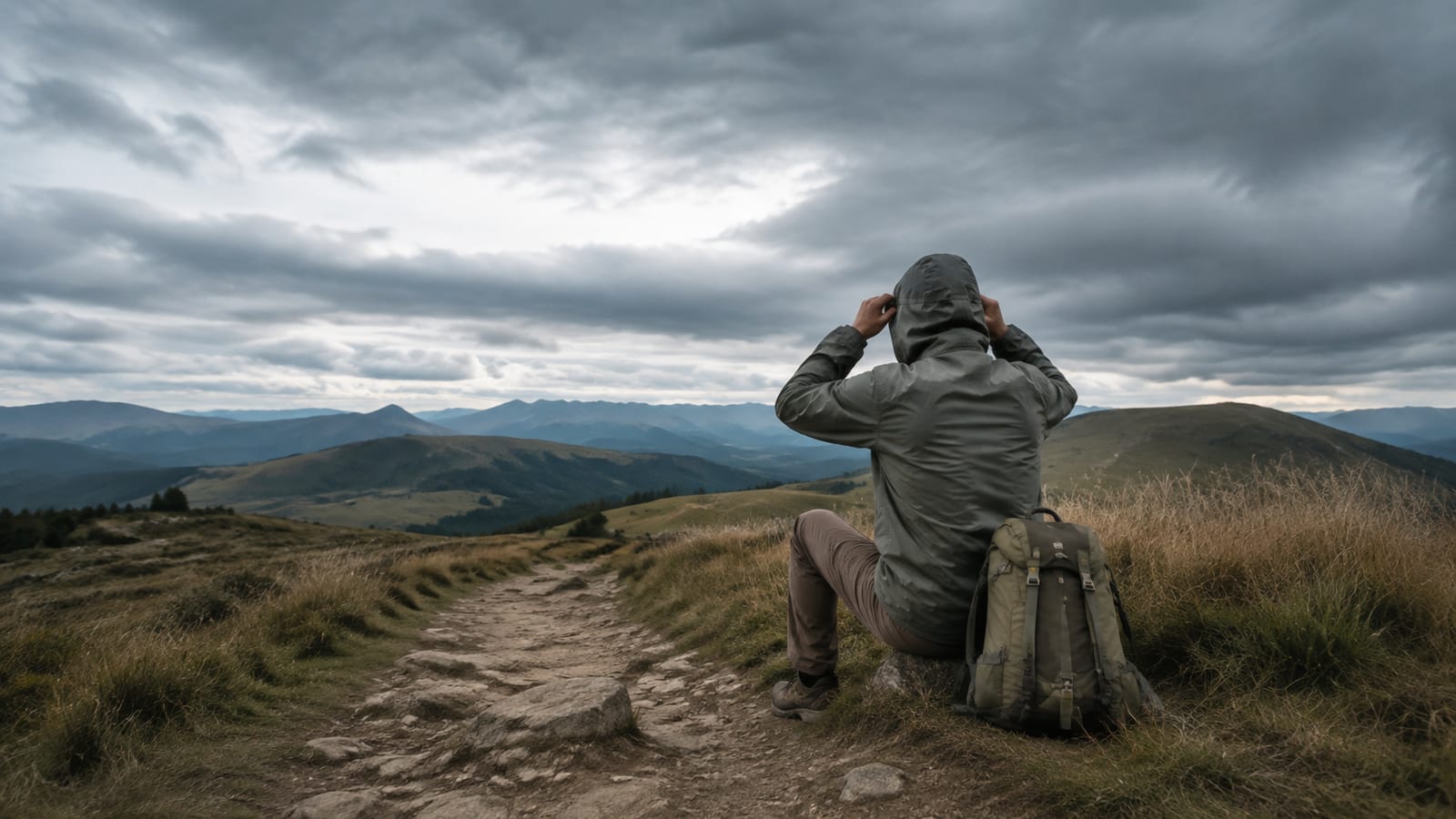 Hiker pausing safely near a changing trail, checking weather and conserving energy