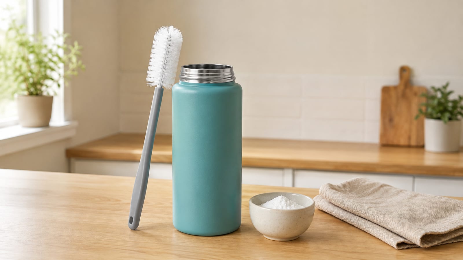 Teal insulated bottle beside bottle brush and baking soda on counter