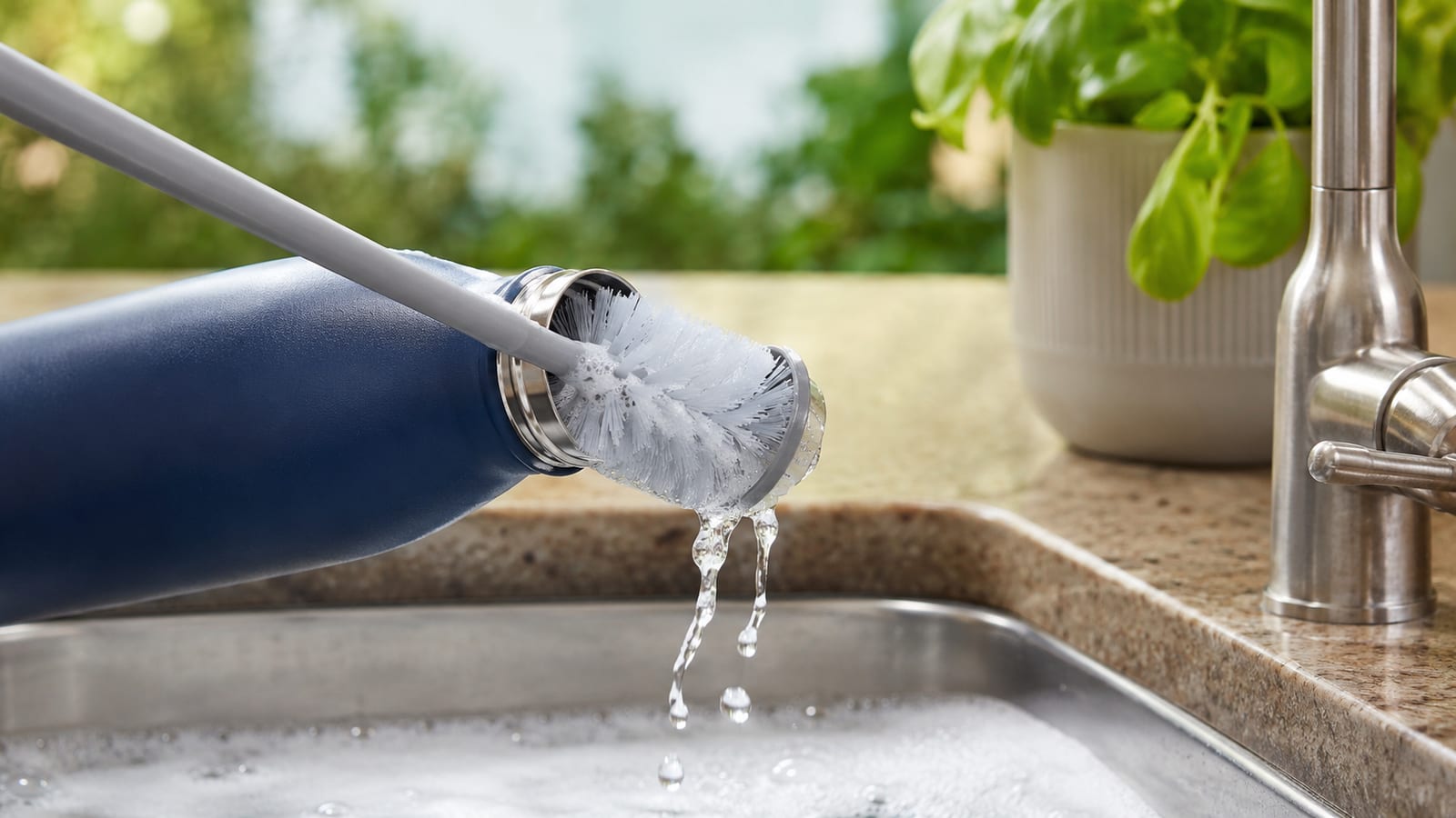 Bottle brush scrubbing inside a wide-mouth stainless steel water bottle