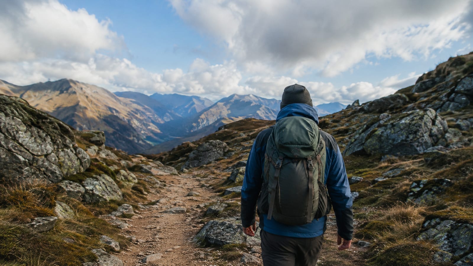 Hiker wearing layered outdoor clothing beside a rugged trail in changing mountain weather