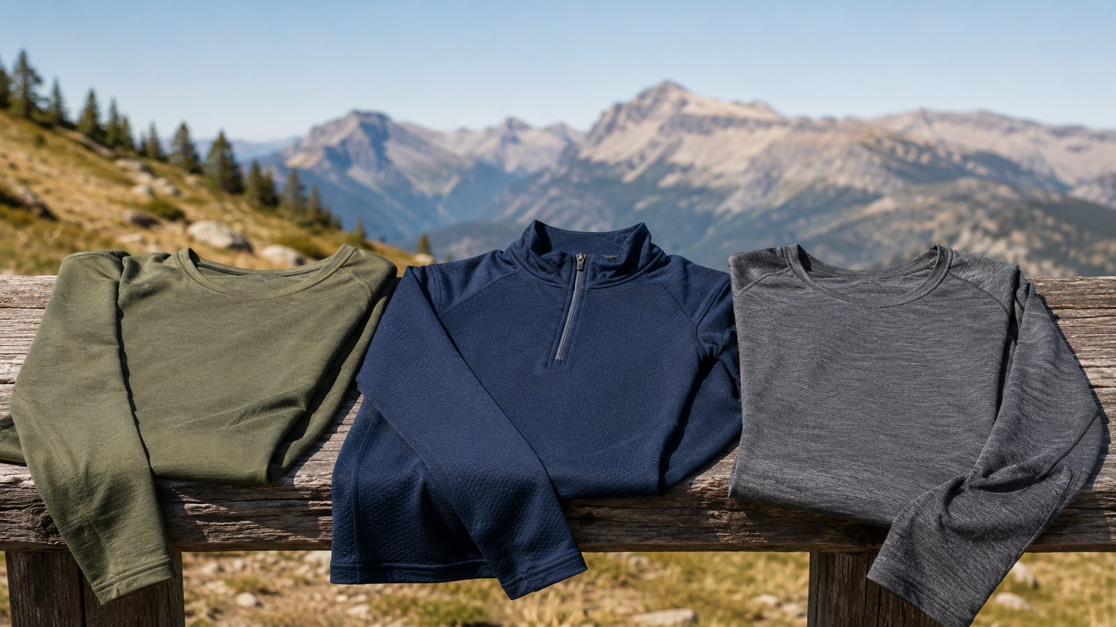 Close-up of hiking clothing layers showing merino, synthetic, and blended fabric textures