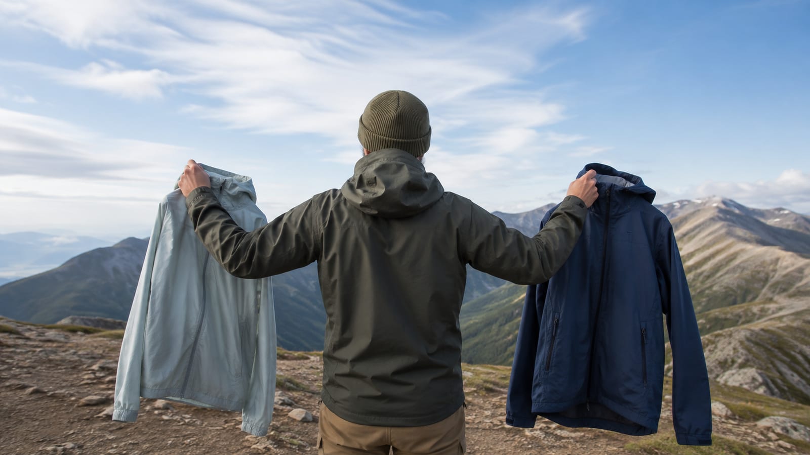 Hiker switching between lightweight wind shell and waterproof rain jacket during breezy conditions