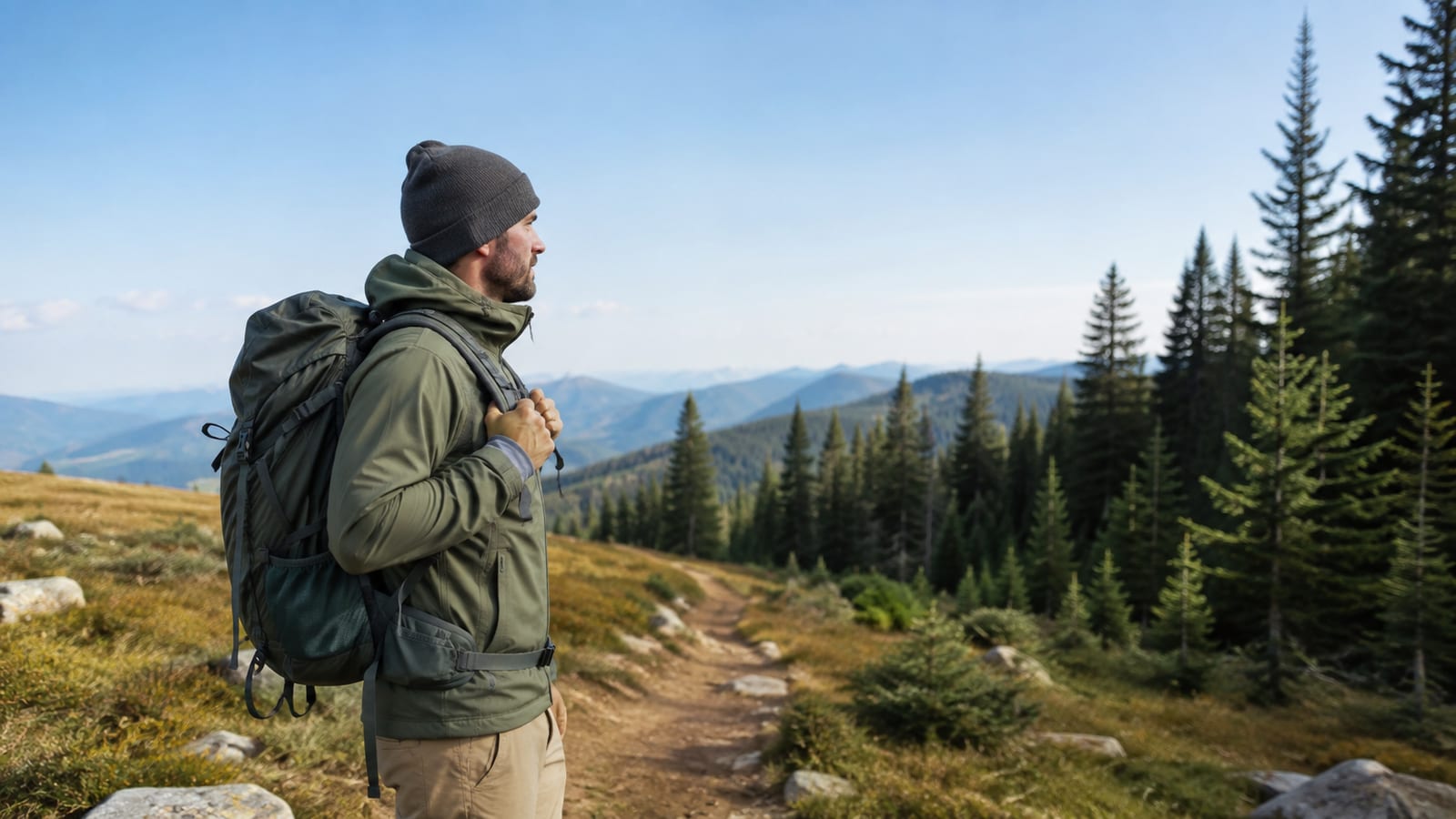 Hiker adjusting breathable layers while moving through sunny, cool, and wet trail conditions
