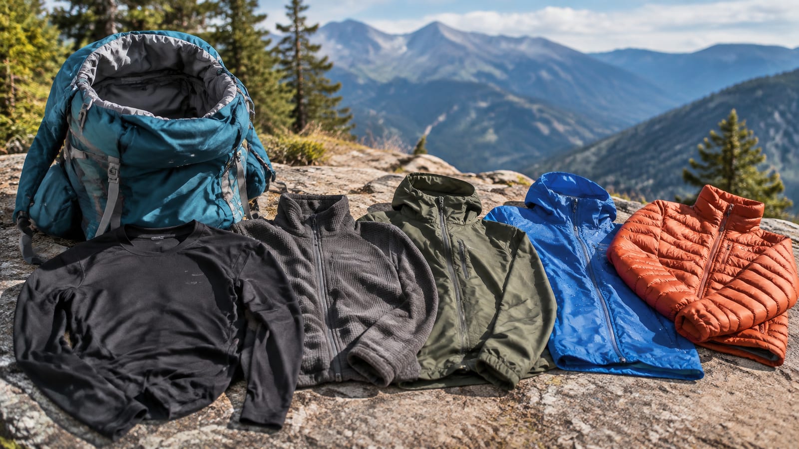 Compact ultralight hiking layers arranged beside a backpack for efficient trail packing