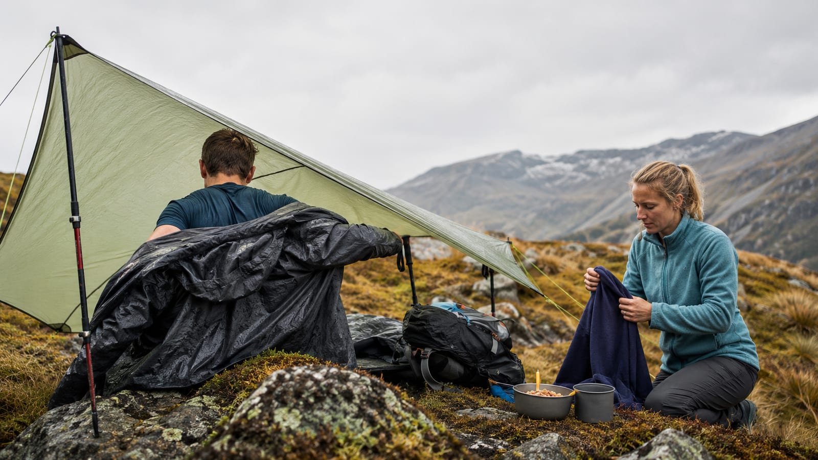 Hiker changing soaked layers beneath a tarp while companion prepares dry fleece clothing