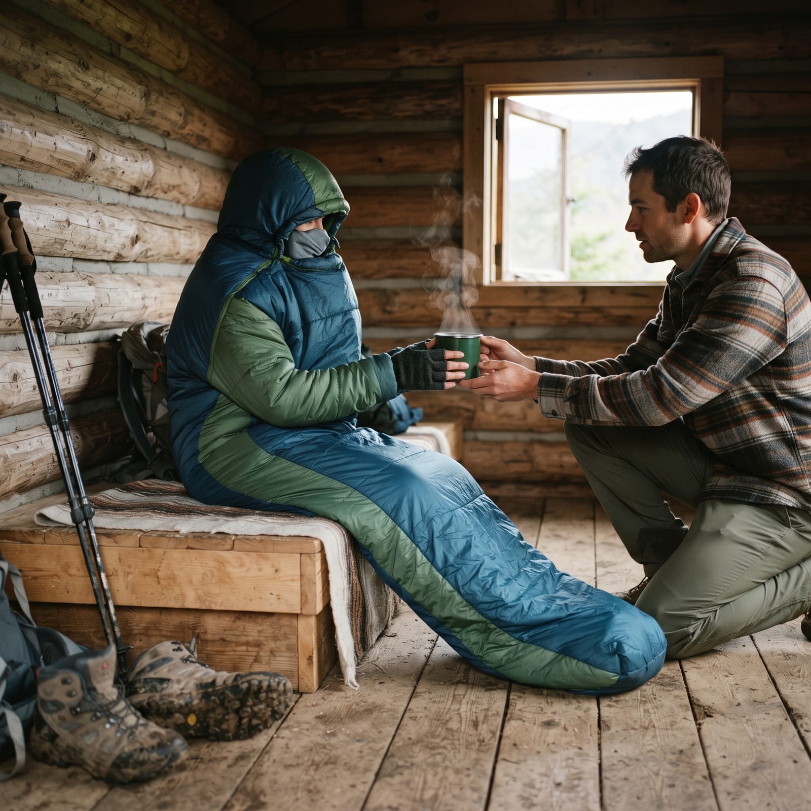 Hiker wrapped in sleeping bag receives warm drink beside a sheltered trail companion
